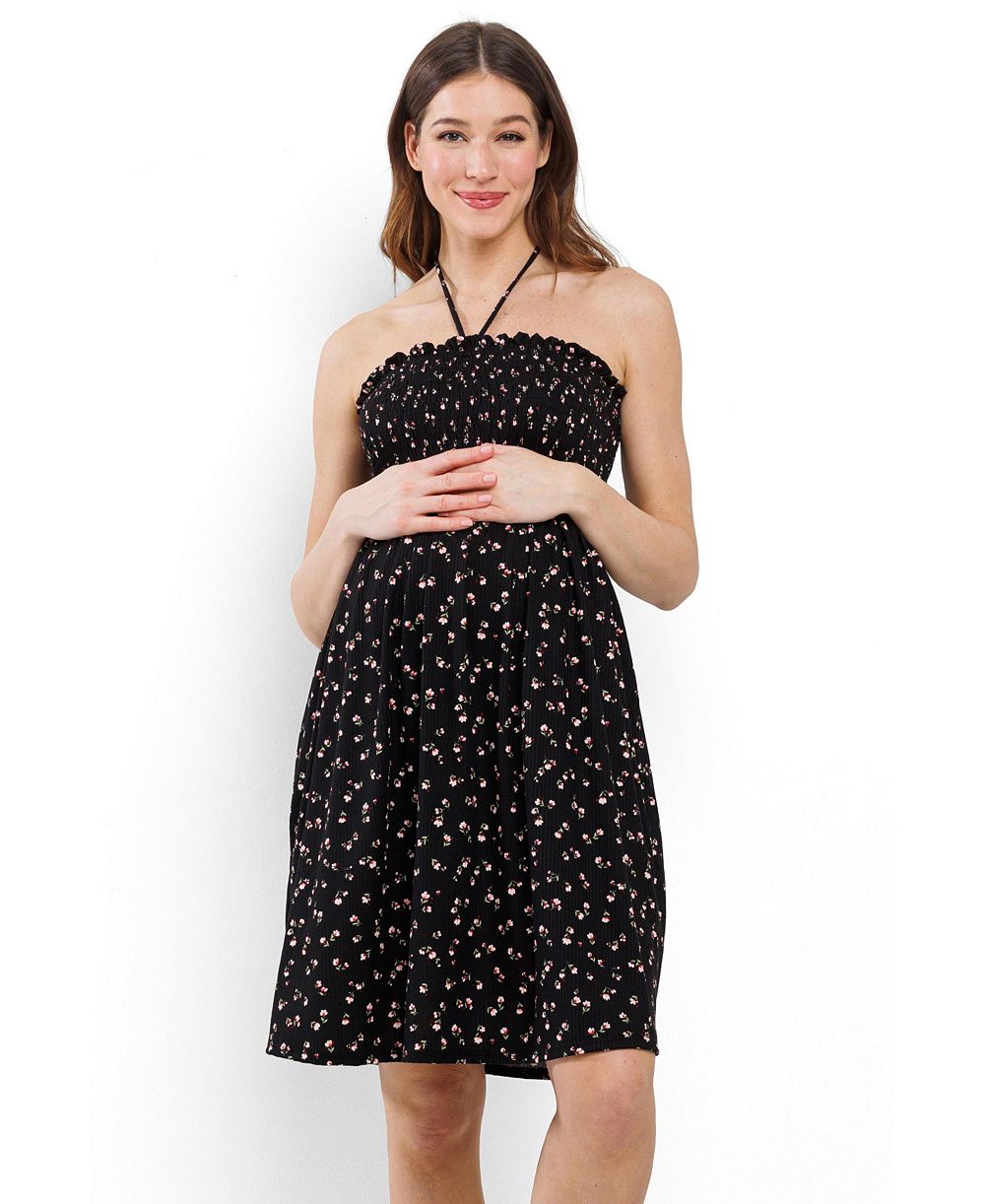 Hello Miz Women's Floral Smocked Halter Dress with Pockets