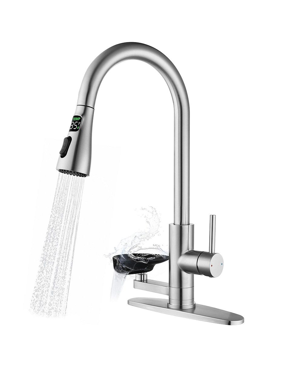 PHYING 3-in-1 Kitchen Faucet with 3-Color LED Temperature Display, Press-Type Glass Rinser, High-Arc Pull-Down Sprayer