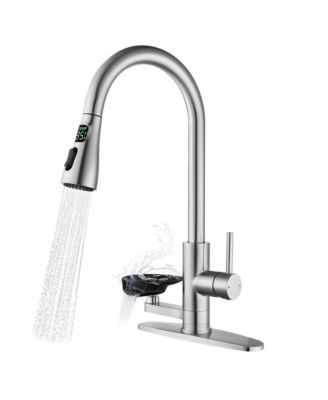 PHYING 3-in-1 Kitchen Faucet with 3-Color LED Temperature Display, Press-Type Glass Rinser, High-Arc Pull-Down Sprayer