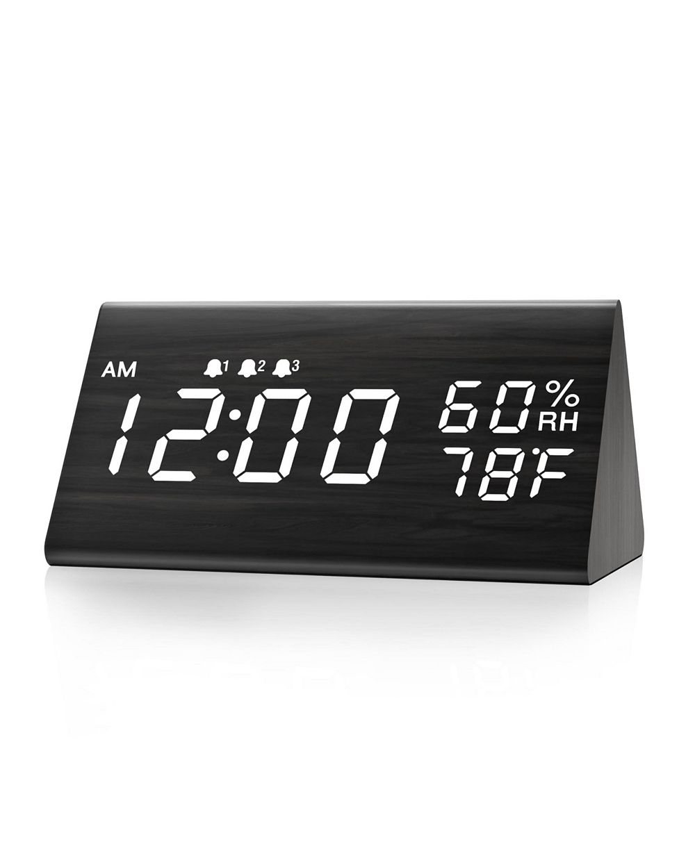 JALL Wooden Digital Alarm Clock 3 Alarms with Weekday Mode Humidity and Temperature Sensor Adjustable Brightness USB to Barrel Cord No Batteries