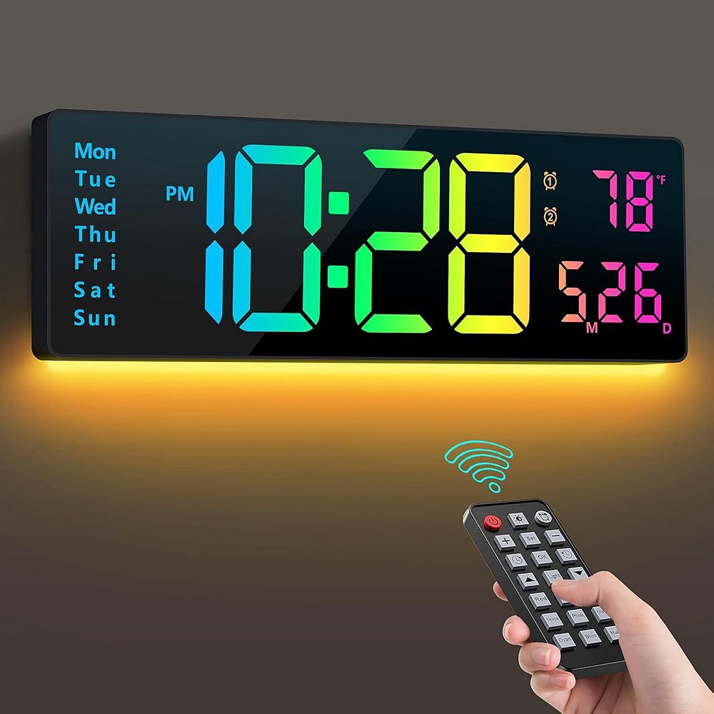 Neewer Digital Wall Clock 16", Wall Clock with 11 RGB Colors, Alarm Clock with Night Lights, Large Digital Clock for Living Room Bedroom Office