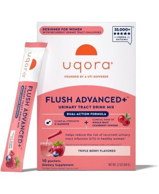 Uqora Flush Advanced+ - помогает снизить риск рецидивирующих ИМП - клюква, D-манноза, витамин C, витамин B6 и калий - Triple Berry - 10 пакетиков
