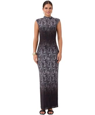 RACHEL Rachel Roy Women's Coco Mesh Midi Snake-Print Mock-Neck Cap-Sleeve Dress