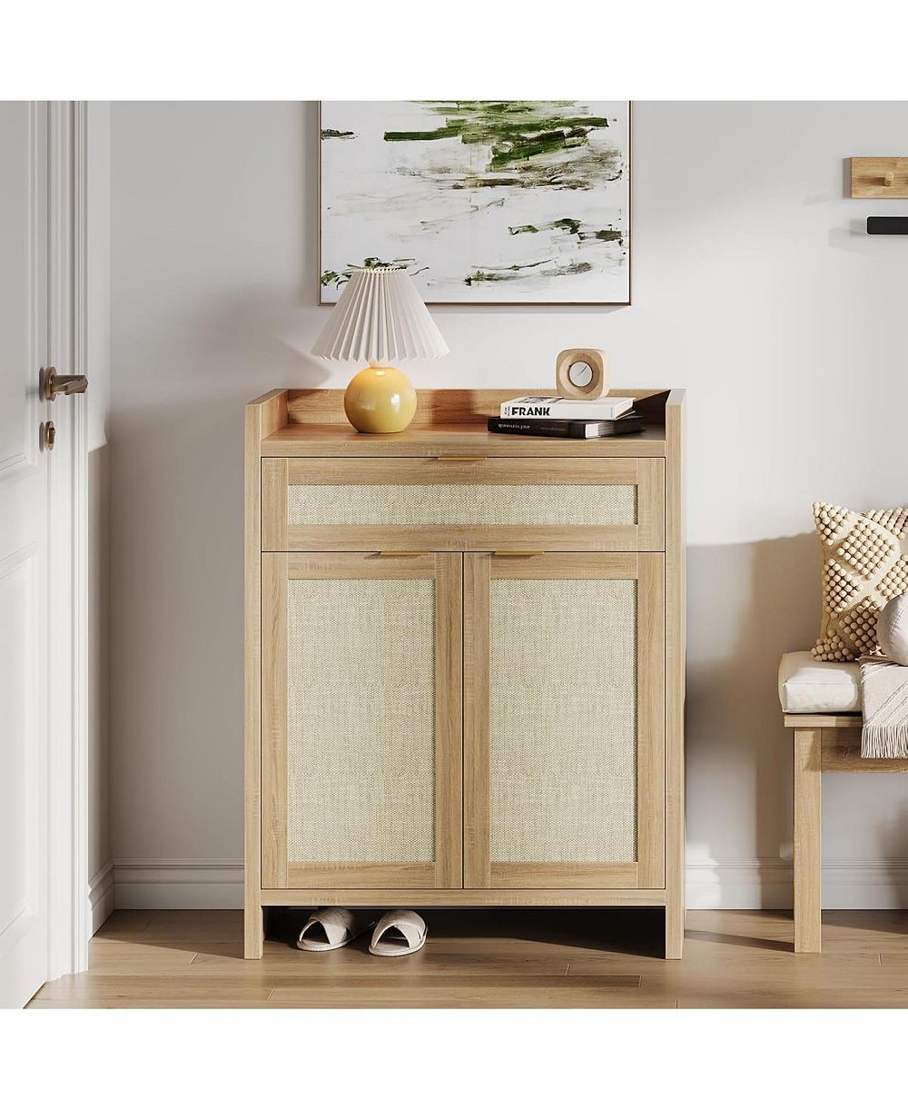 Boho Rattan Shoe Cabinet - Freestanding Boho Style Storage Organizer with Drawer