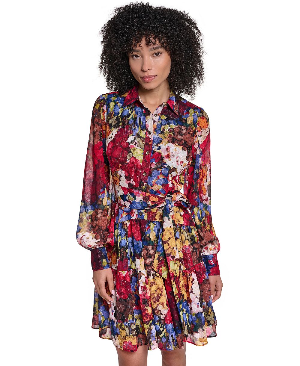 KARL LAGERFELD PARIS Women's Printed Metallic Chiffon Shirtdress