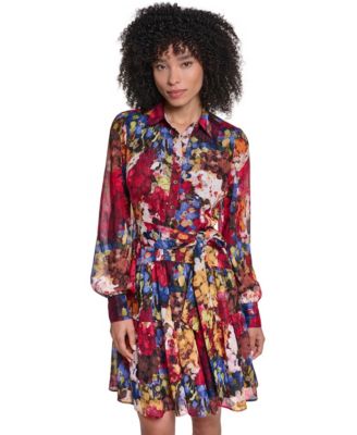 KARL LAGERFELD PARIS Women's Printed Metallic Chiffon Shirtdress