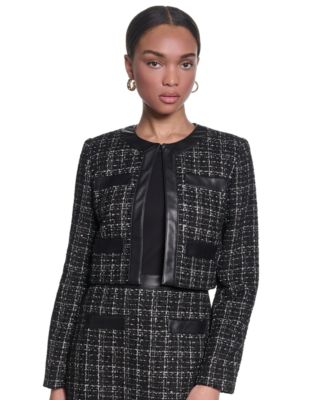 KARL LAGERFELD PARIS Women's Metallic Tweed Jacket with Faux Leather Trim