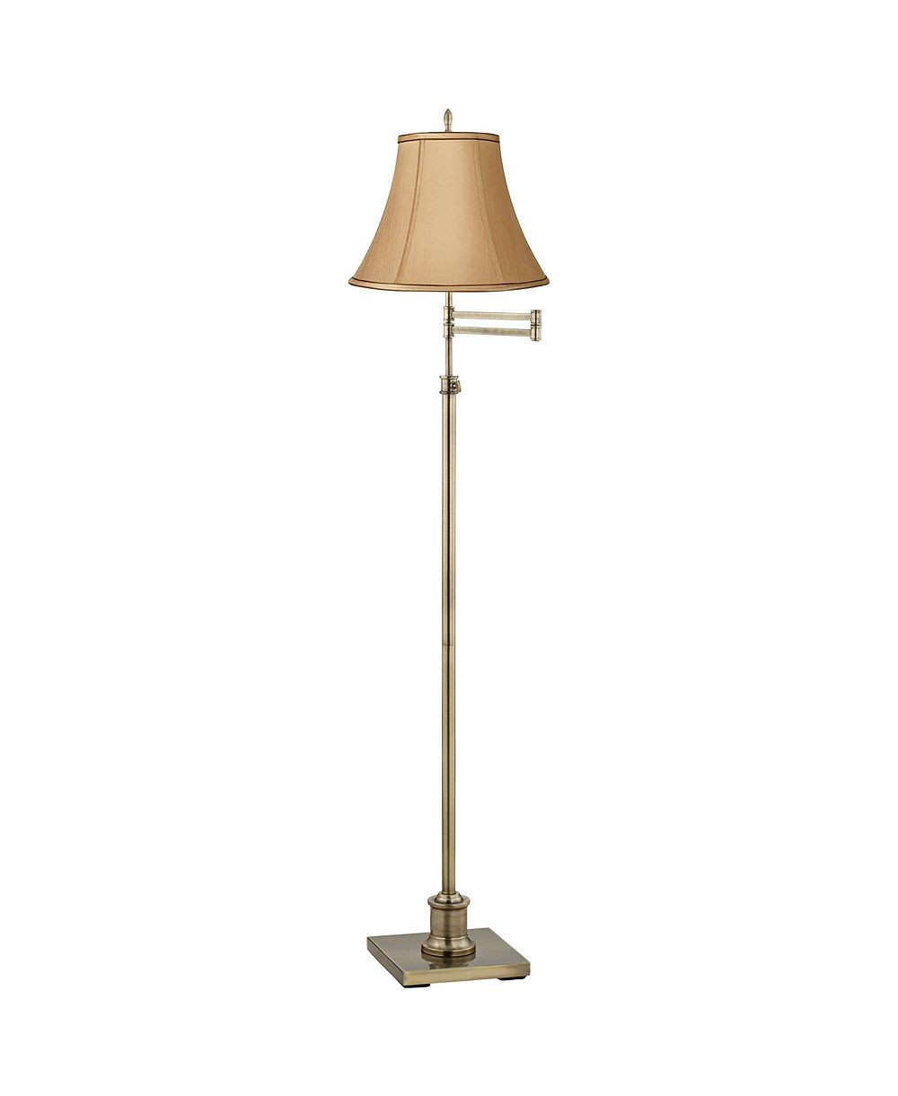 Regency Hill Traditional Swing Arm Floor Lamp Adjustable Height 70" Tall Antique Brass Tan Bell Shade Brown Trim for Living Room Reading