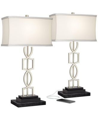 Possini Euro Design Evan Modern Table Lamps Set of 2 with Black Risers 28 1/2" Tall Brushed Nickel with USB Charging Port White Shade for Bedroom