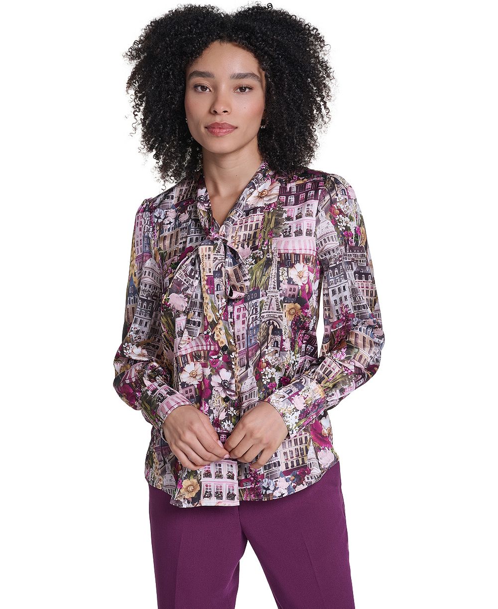 KARL LAGERFELD PARIS Women's Long-Sleeve V-Neck Print Blouse