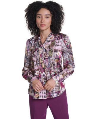 KARL LAGERFELD PARIS Women's Long-Sleeve V-Neck Print Blouse