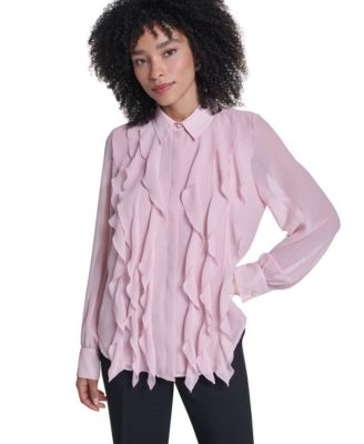 KARL LAGERFELD PARIS Women's Sheer Long-Sleeve Point Collar Blouse