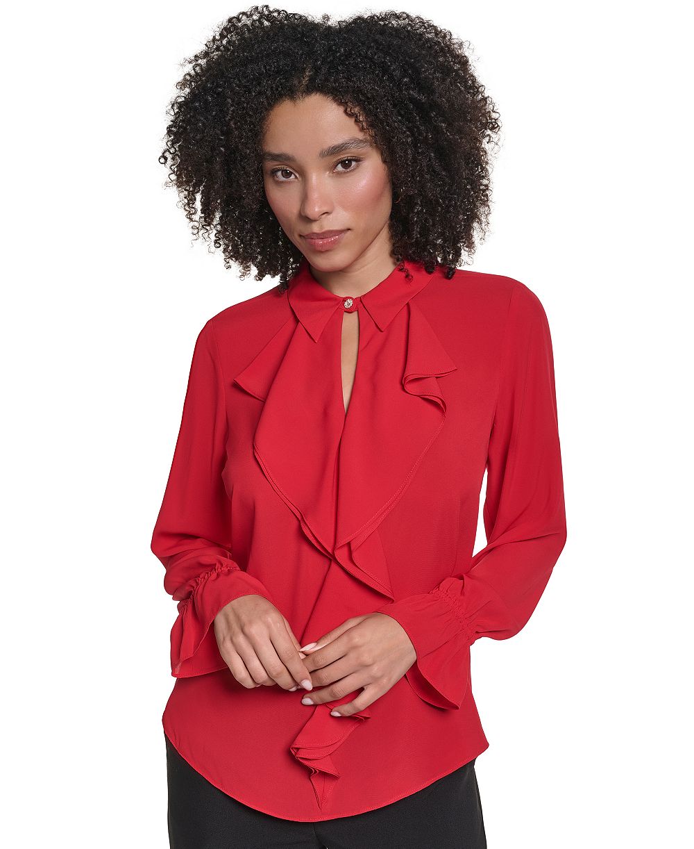 KARL LAGERFELD PARIS Women's Long-Sleeve Collared Ruffled Blouse