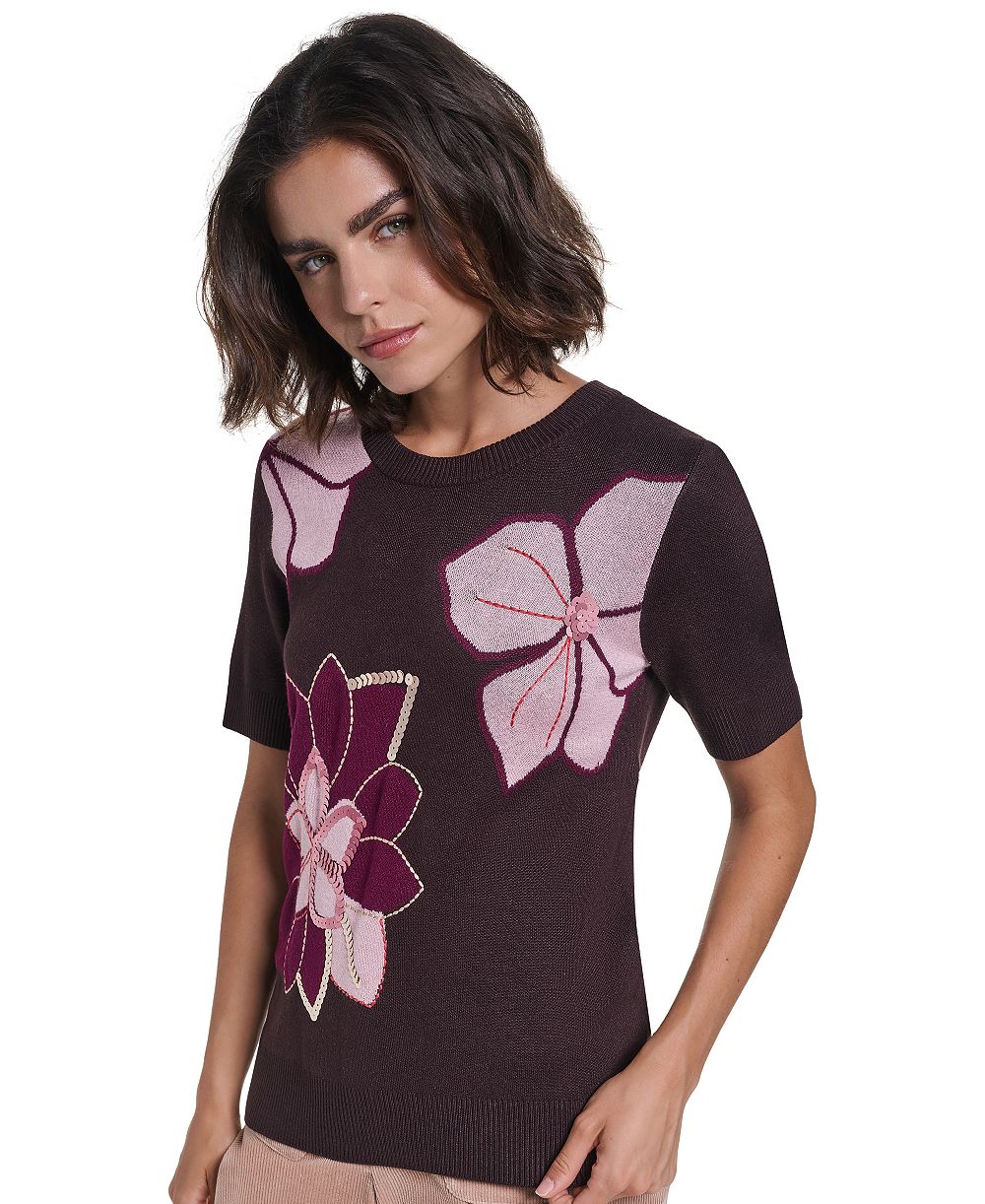 KARL LAGERFELD PARIS Petite Floral-Print Short-Sleeve Embellished Sweater