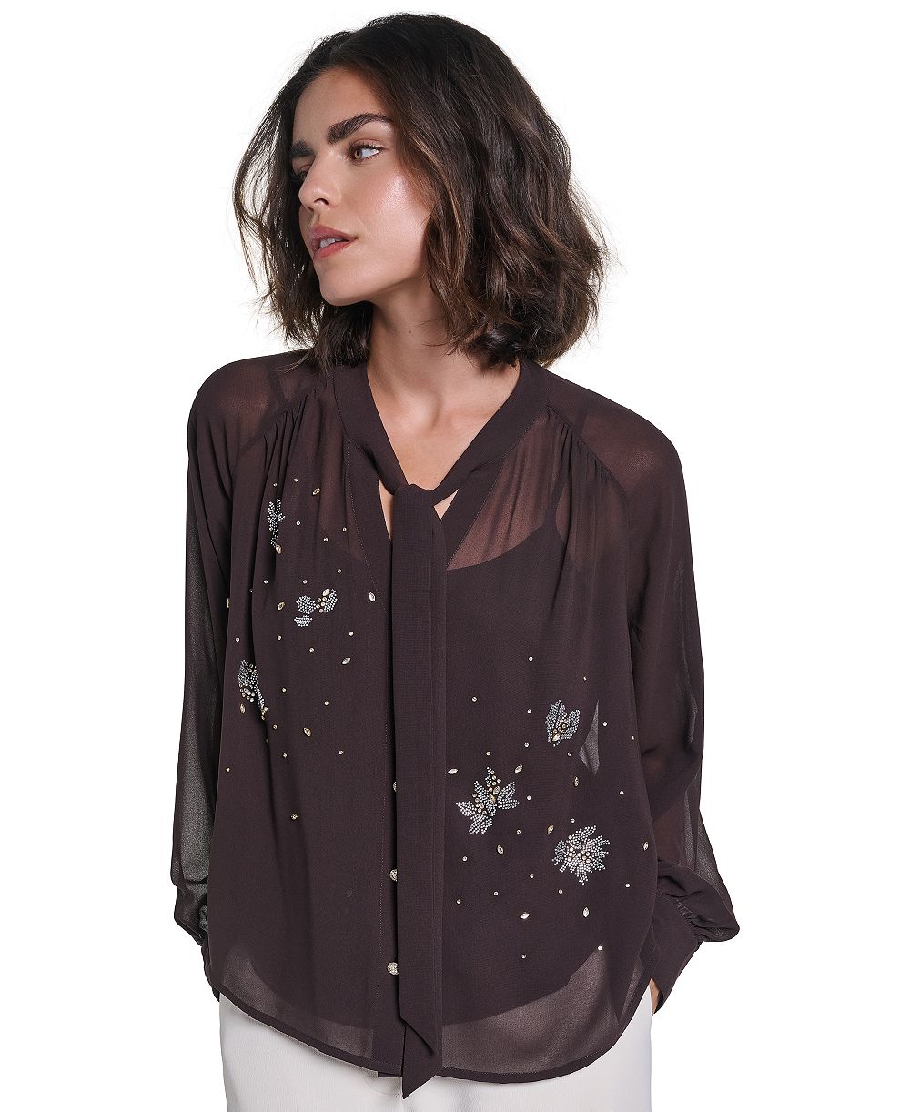 Karl Lagerfeld Paris Petite Tie Neck Long-Sleeve Chiffon Blouse