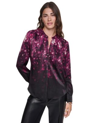 DKNY Women's Long-Sleeve Printed Satin Blouse