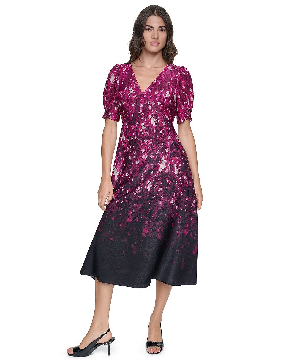 DKNY Women's Puff-Sleeve Printed Midi Dress
