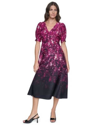 DKNY Women's Puff-Sleeve Printed Midi Dress