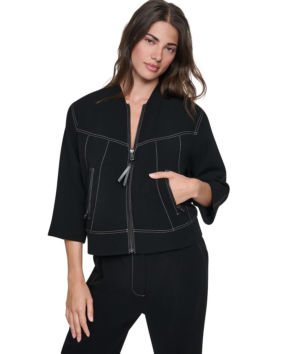 DKNY Women's 3/4-Sleeve Contrast-Stitch Cropped Jacket