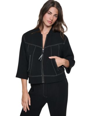 DKNY Women's 3/4-Sleeve Contrast-Stitch Cropped Jacket