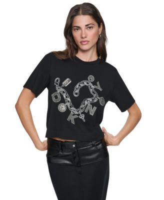 DKNY Women's Charm Bracelet Graphic-Cropped T-Shirt