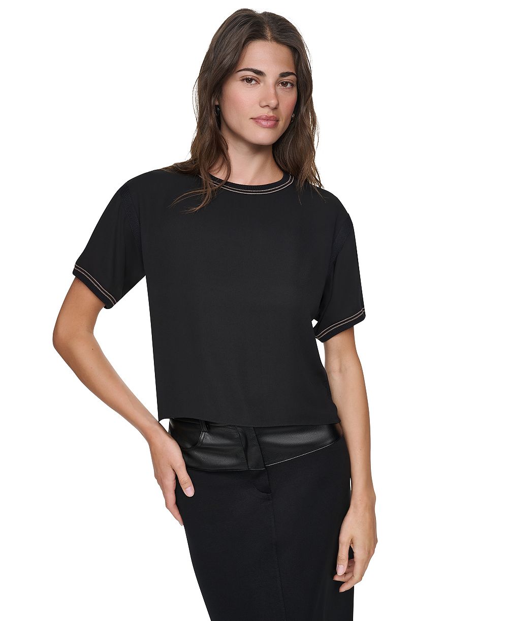 DKNY Women's Dolman Sleeve Contrast Stitching Top