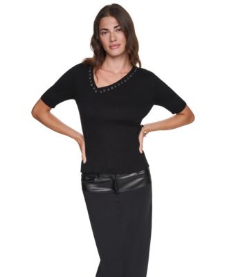 DKNY Women's Asymmetrical V-Neck Studded Ribbed-Knit Pullover Sweater