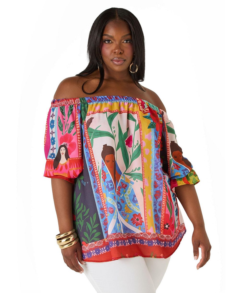 Ashley Stewart Plus Size Off the Shoulder Printed Women's Blouse