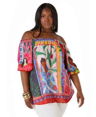 Ashley Stewart Plus Size Off the Shoulder Printed Women's Blouse