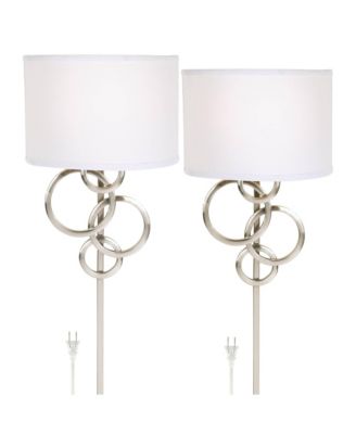 Possini Euro Design Circles Modern Wall Light Sconces Set of 2 Brushed Nickel Plug-in 12" Fixture  Cotton Shade for Bedroom Reading House