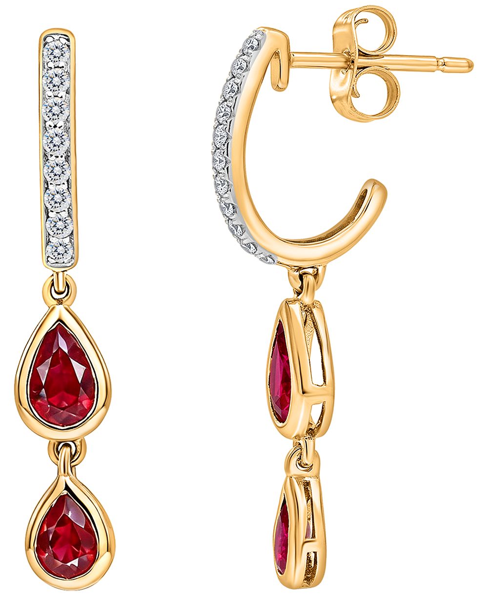 Серьги Macy's с рубином (0,76 карата) и бриллиантами (0,1 карата) в желтом золоте 10k
