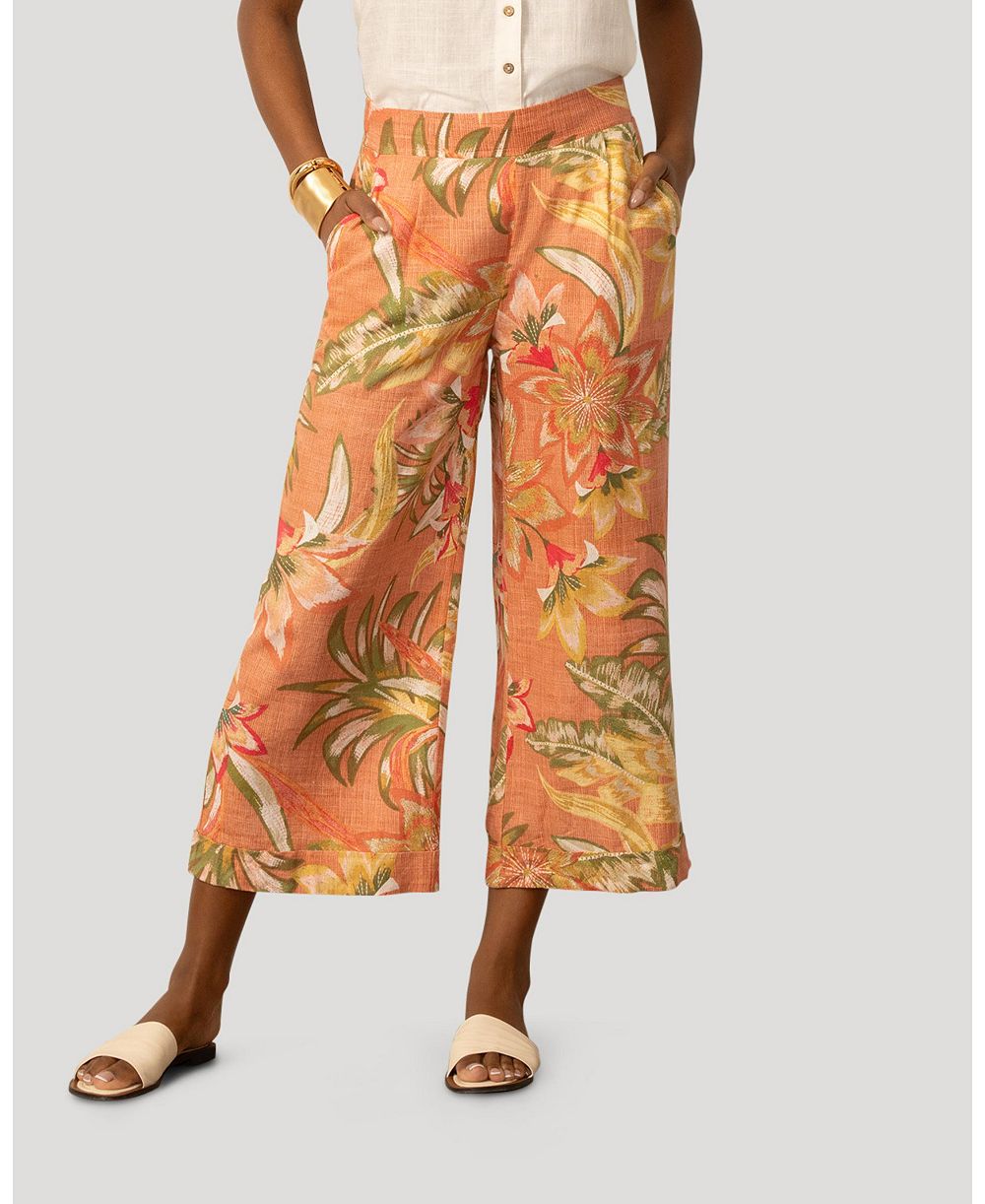 Cable & Gauge Women's Printed Linen Blend Pull On Crop Pant