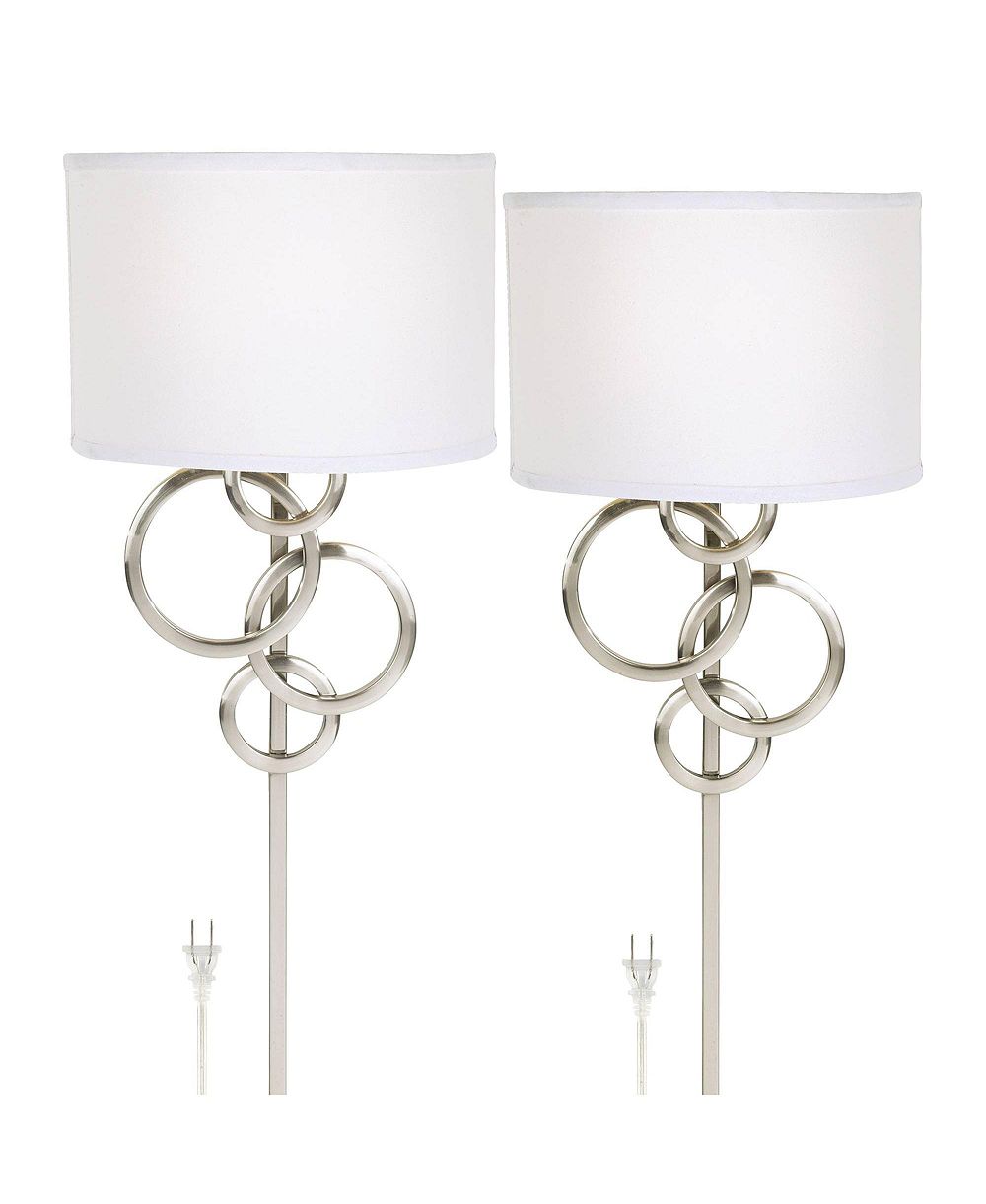 Possini Euro Design Circles Modern Wall Light Sconces Set of 2 Smart Sockets Brushed Nickel Plug-In 12" Fixture Off-White Shades Bedroom