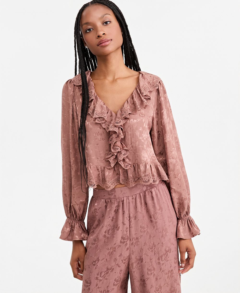 And Now This Petite Balloon-Sleeve Ruffle-Jacquard Blouse, Macy's Exclusive