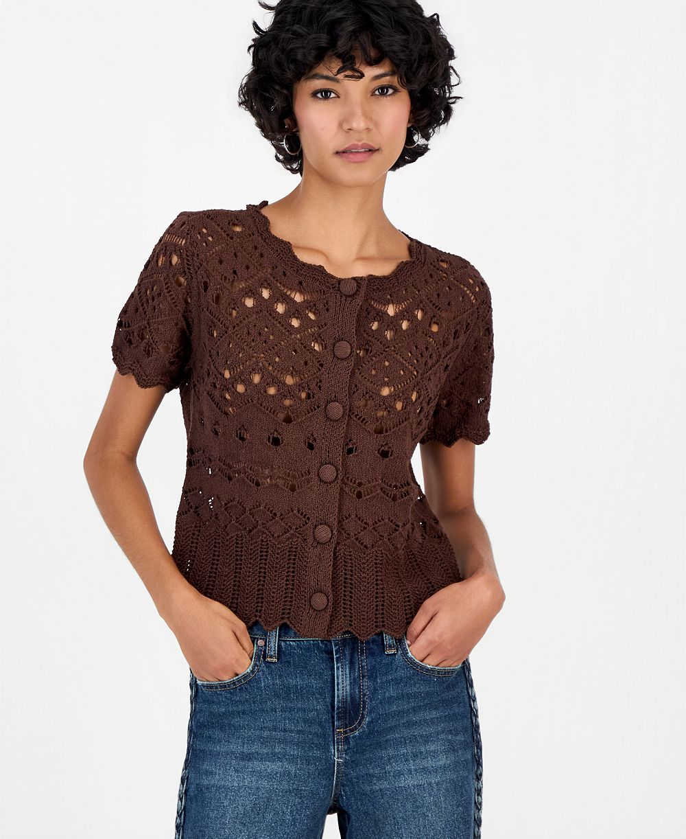 And Now This Petite Pointelle Short-Sleeve Scalloped-Trim Cardigan, Macy's Exclusive