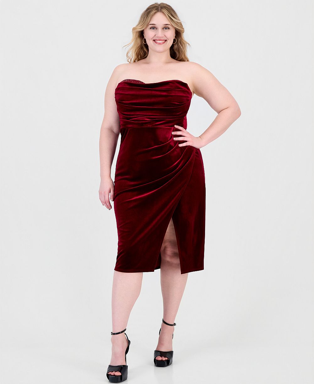 Женское миди-платье без бретелек из бархата с отделкой, plus size