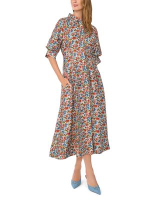 Vince Camuto Women's Floral-Print Short-Sleeve Midi Shirt Dress