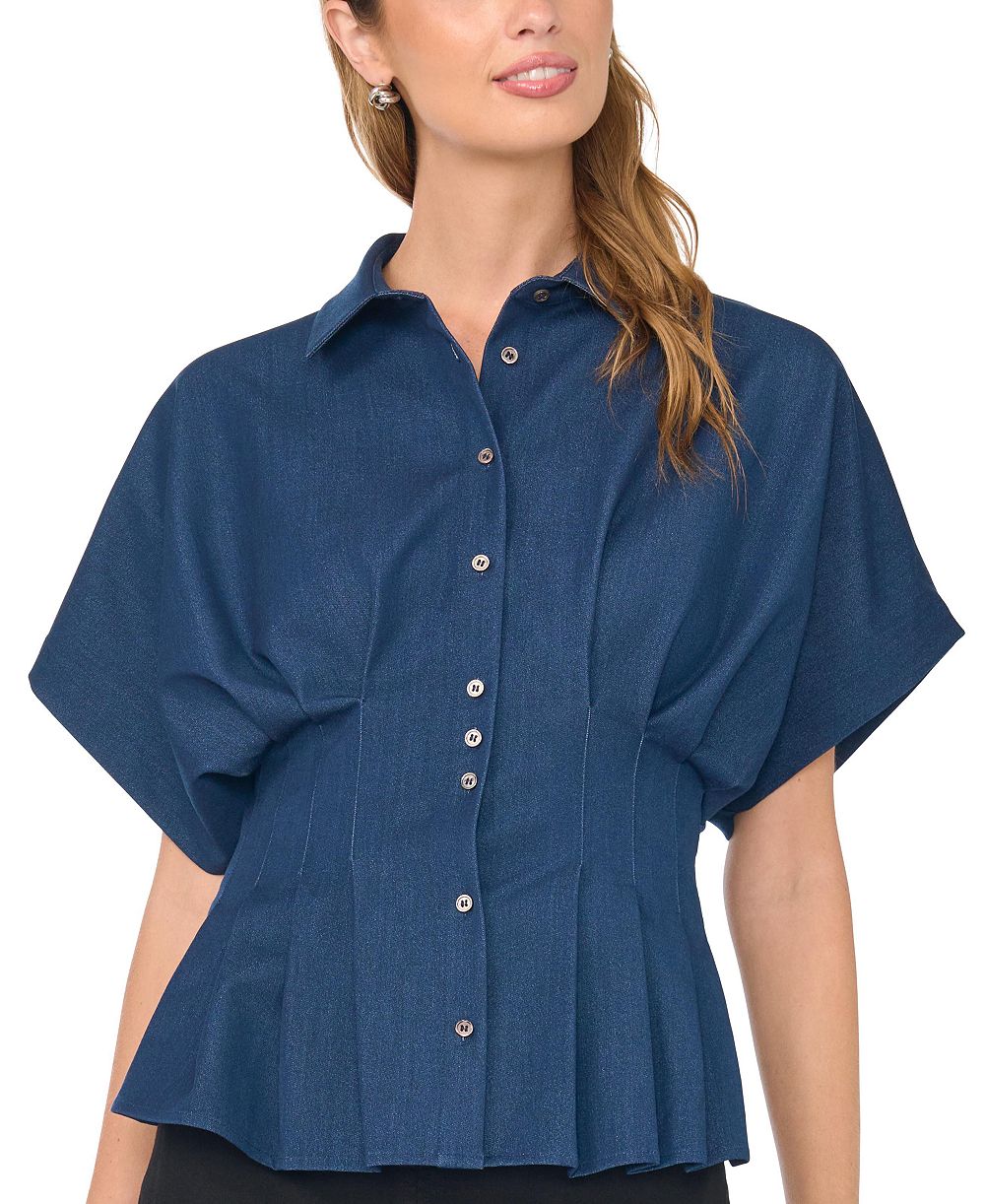 Women's Point-Collar Dolman-Sleeves Pleated-Waist Blouse