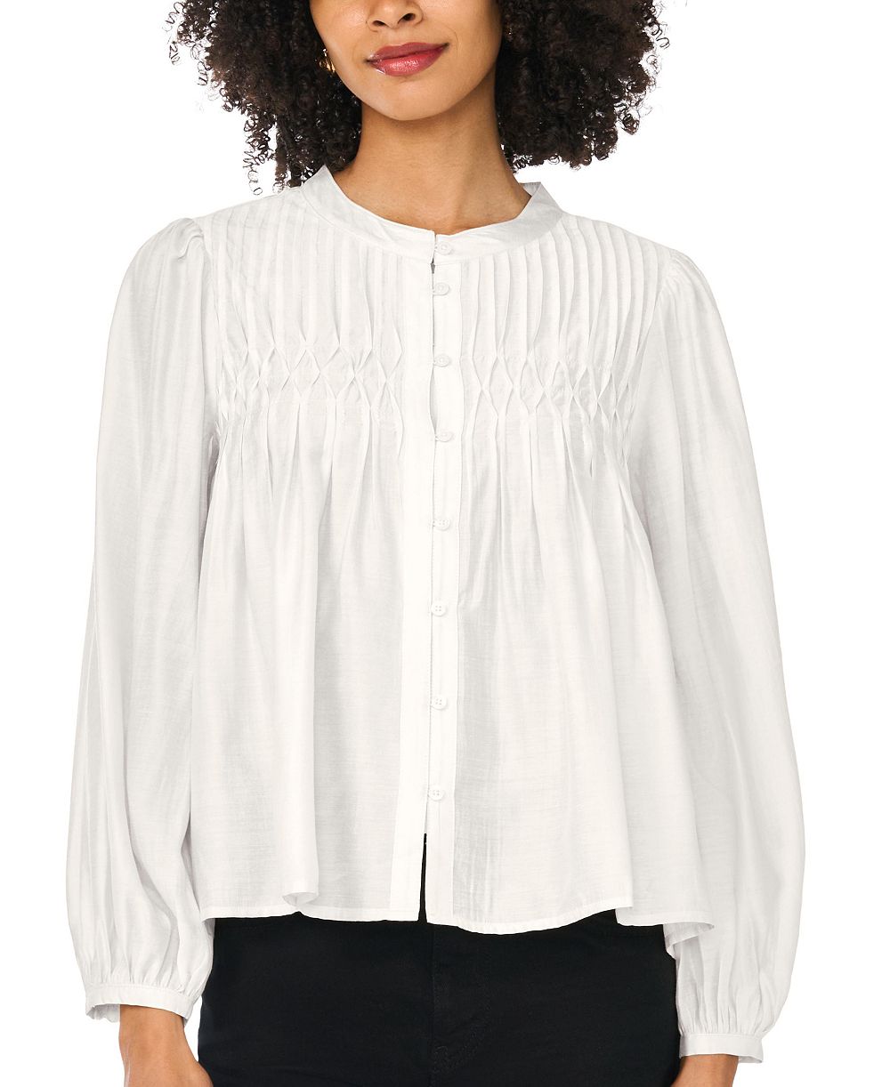 Women's Button-Front Long-Sleeve Crewneck Blouse