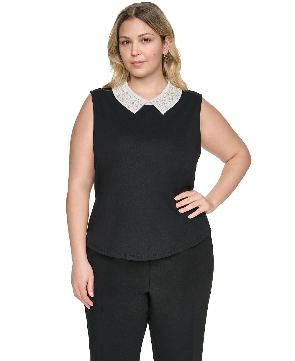 KARL LAGERFELD PARIS Plus Size Imitation Pearl Collar Knit Top