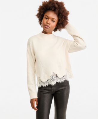 GUESS Women's Hayden Mock Neck Long Sleeve Lace Sweater