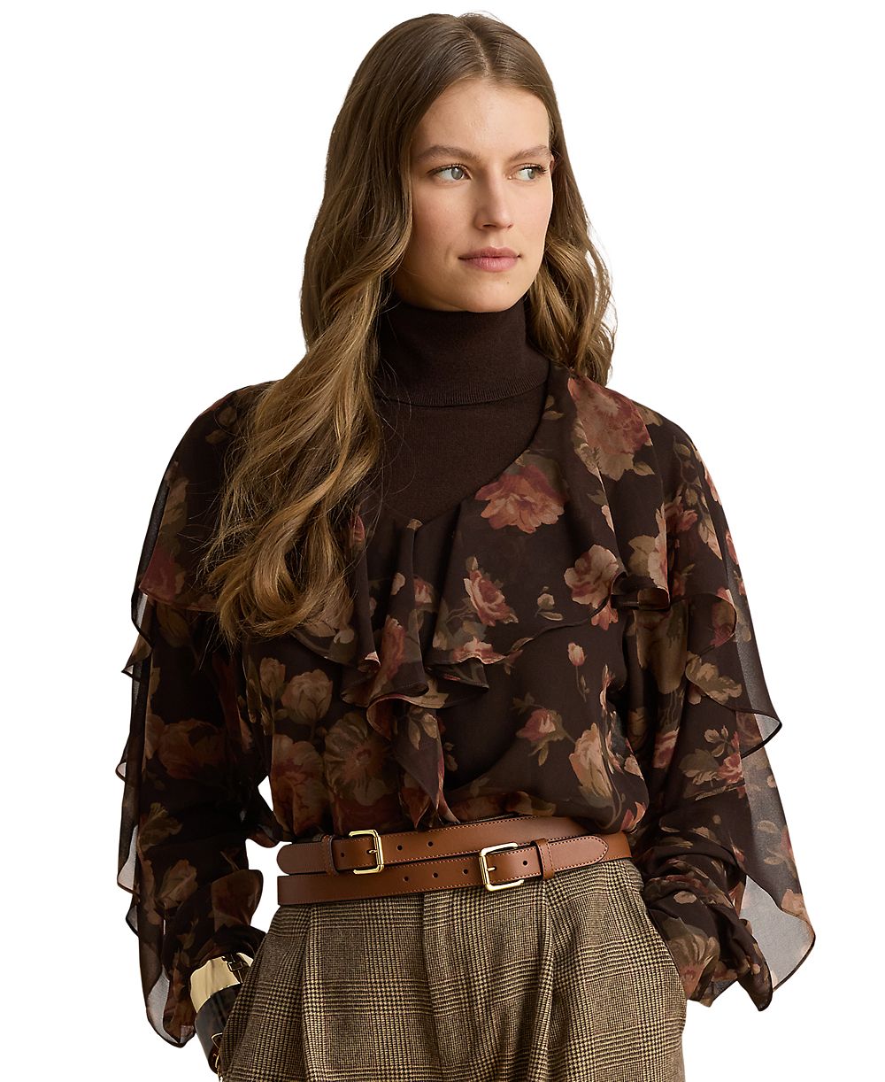 Lauren Ralph Lauren Petite Floral Ruffle-Trim Chiffon V-Neck Blouse