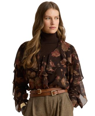 Женская блузка Lauren Ralph Lauren Petite из шифона с цветочным принтом, воланами и v-образным вырезом