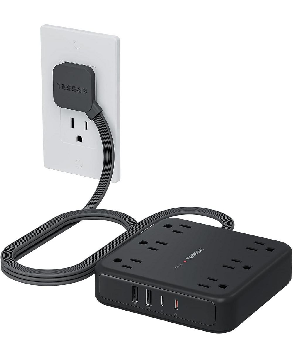 Сетевой фильтр TESSAN с быстрой зарядкой, разветвитель на 6 розеток и 4 USB (2 USB C), защита 2100 Joules, плоская вилка