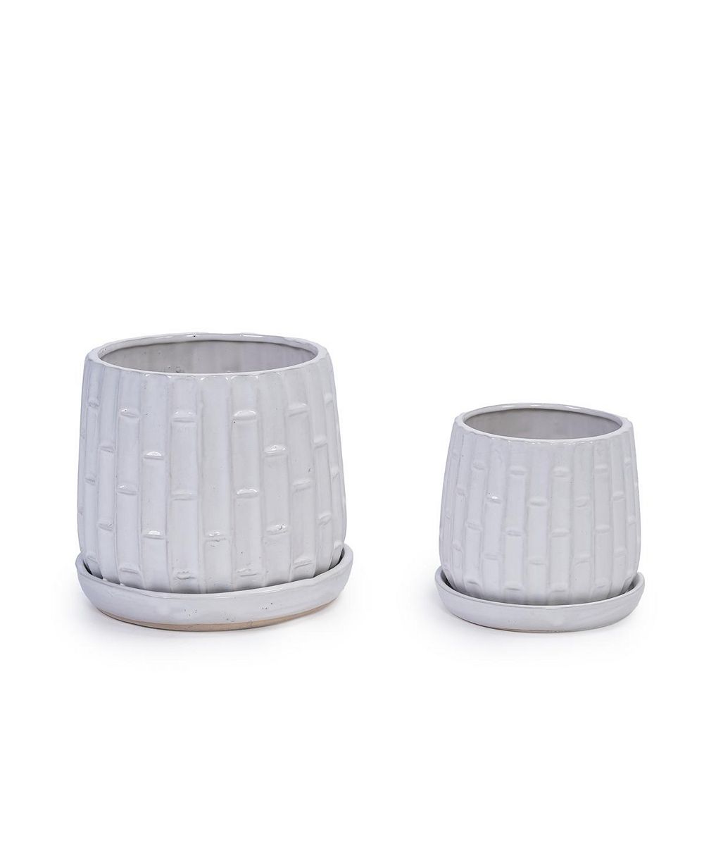 YOBTOP Handmade White Glazed Ceramic Planter Set of 2 - 6" and 8", Bamboo Pattern, Indoor/Outdoor, Breathable Clay