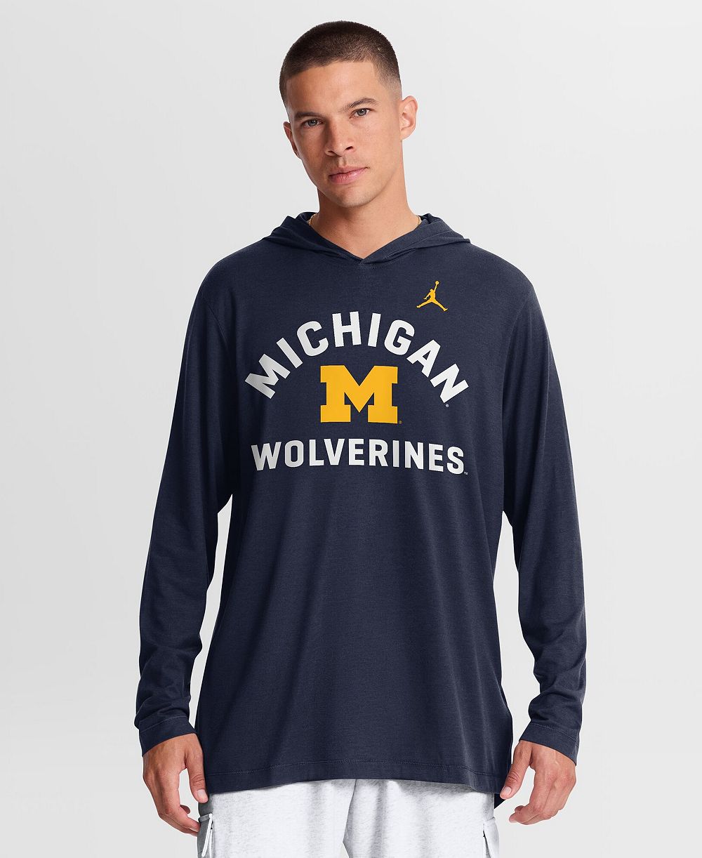 Jordan Men's Navy Michigan Wolverines Primetime Arch Tri-Blend Dri-FIT Long Sleeve Hooded T-Shirt