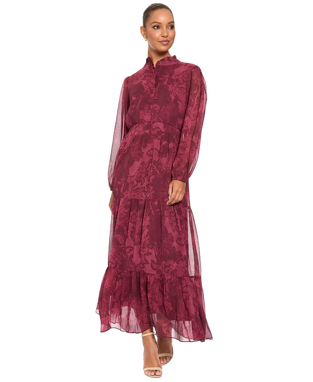 Женское платье London Times Floral-Print Sheer Long-Sleeve Tiered Long