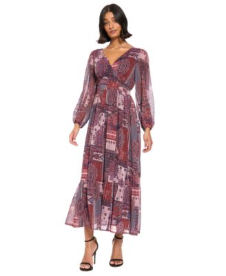 London Times Women's Long-Sleeve Tiered V-Neck Dress