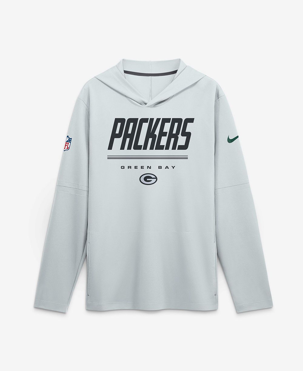 Nike Men's Platinum Green Bay Packers Sideline Lightweight Long Sleeve Hooded Dri-FIT T-Shirt