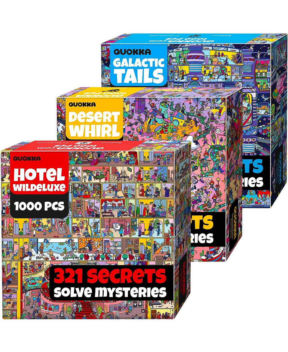 Набор пазлов QUOKKA 1000 Piece Jigsaw Puzzle for Adults Set of 3 - Desert Whirl, Galactic Tails, Hotel Wildeluxe with Audio Story and 321 Secrets Each